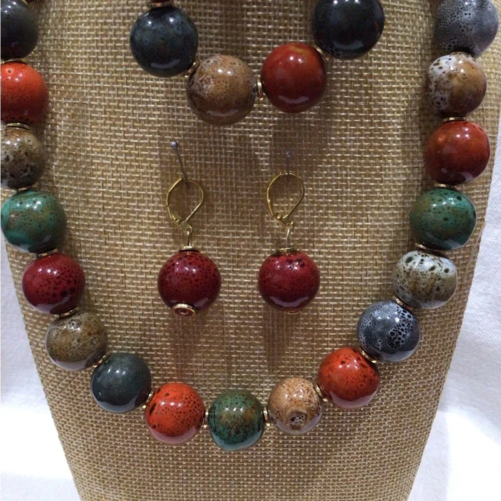 Tribal Earth Toned Colorful Beaded Necklace, Bracelet, and Earring Set